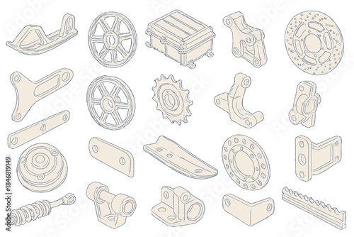 Various mechanical parts and components arranged on a plain background suitable for technical projects and engineering designs