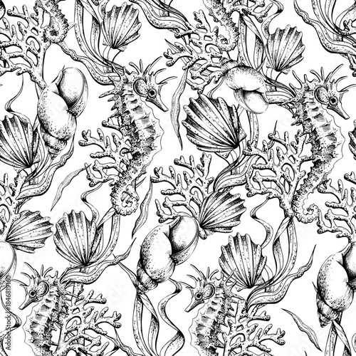 Seamless hand drawn line art pattern of underwater life with seahorse, coral, shell and algae for print. Outline graphic illustration