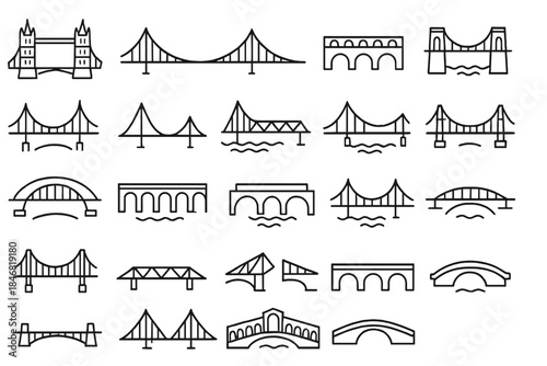 Drawings of various bridges in different styles over water bodies