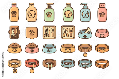 Items for pet care including bowls, collars, grooming tools, and more arranged in a neat layout