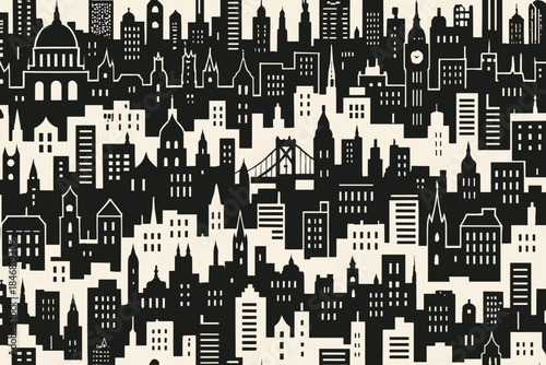 City skyline design with various buildings and landmarks in black and white colors