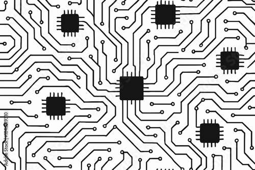 Circuit board design with multiple chips and connecting lines across white surface