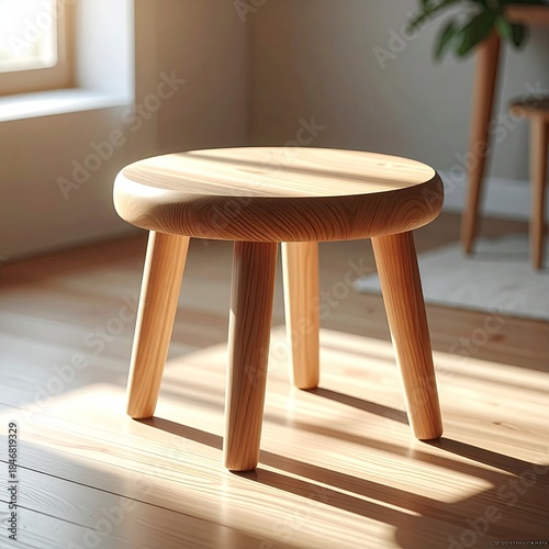 A round, wooden stool with three legs, on a sunny wooden floor