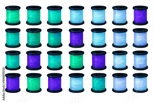 Different colored spools of thread arranged in a grid pattern for sewing projects and crafts