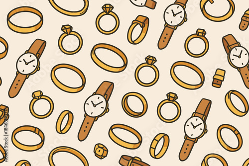 Collection of various watches and rings arranged in a pattern on a light background with simple design