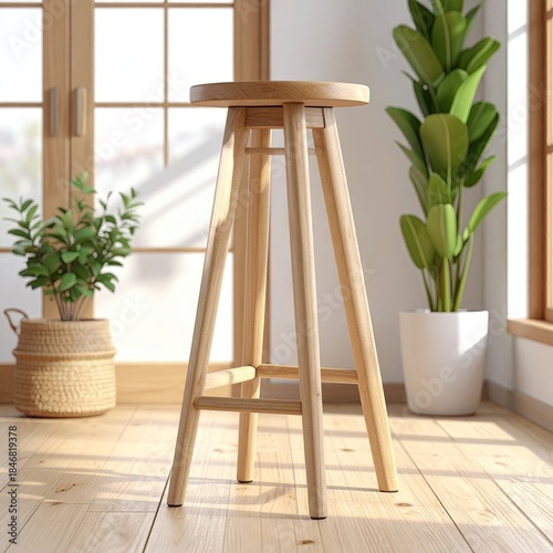 Wooden stool amidst plants in a light-filled interior, clean and minimalist