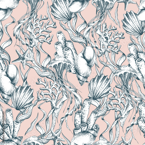 Hand drawn marine life wave seamless pattern. Underwater world nature outline graphic illustration with sea animal for fabric print or textile design. On a coral background