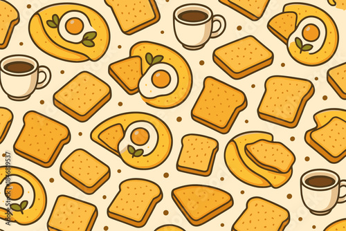 Breakfast items arranged on a surface with coffee, eggs, and toast in a simple pattern shown in light colors