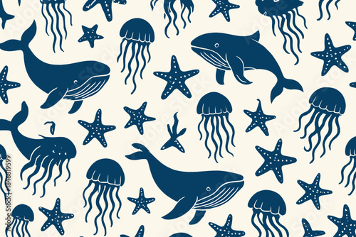 Colorful sea animals swim among jellyfish and stars in a playful ocean design with a light background