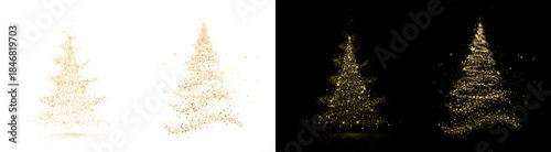 PNG image of Four distinct artistic representations of a shimmering golden particle christmas tree formation against a stark on transparent background