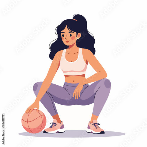 Young woman in sportswear doing squats with a ball. Fitness and workout character concept. Flat design vector illustration