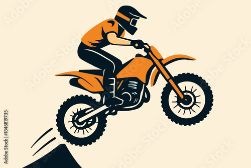 Motocross rider performs jump on dirt bike over a hill in bright colors