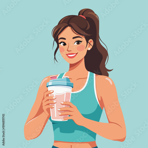 Female athlete holding protein shaker bottle. Fitness and nutrition concept. Flat design vector illustration