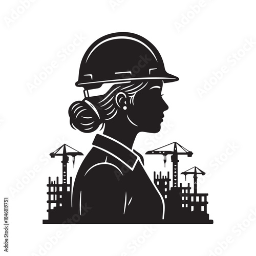Black silhouette of a female construction worker or engineer wearing a hard hat, profile view with cranes and building site background, vector illustration.
