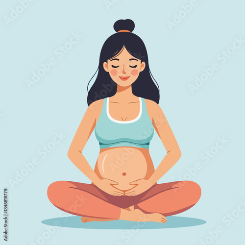 Pregnant woman practicing yoga meditation. Prenatal fitness and maternity wellness concept. Flat vector illustration