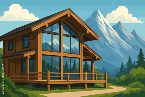 Modern wooden house in the mountains with large windows surrounded by trees and hills under a blue sky