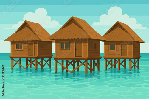 Wooden houses on stilts in clear water under a blue sky with clouds