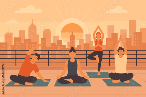 Group practices yoga on a rooftop while the sun rises over the city skyline during early morning hours