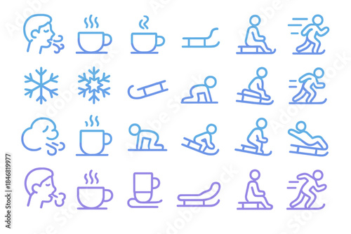 Winter activities and elements represented in simple icons with frosty designs for fun winter themes and enjoyment