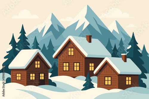 Winter scene with wooden houses in snow-covered landscape near mountains