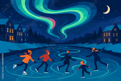 Five people skate on a river under the northern lights and moon in a winter scene at night