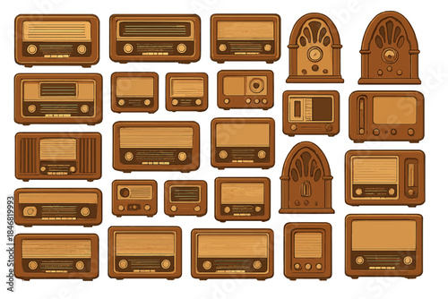 Collection of vintage radios in various designs arranged for display in different sizes and shapes
