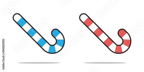 Candy Cane Vector Icon Set. Striped Christmas Candy and Holiday Treat Symbol in Red and Blue Outline Design with Shadow.