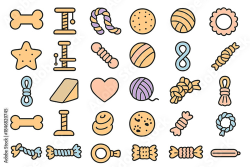 Collection of colorful pet toys including bones, balls, and ropes arranged on a light background for playtime fun