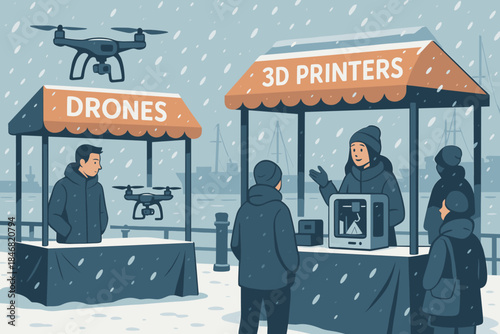 Winter market features stalls for drones and 3D printers with visitors engaging in technology discussions