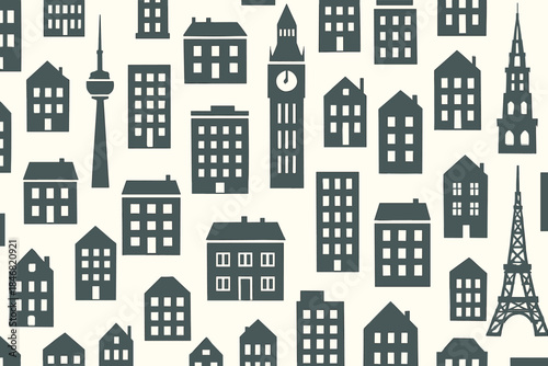 Different styles of buildings and landmarks seen in a pattern showing various city elements and designs from around the world