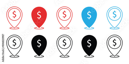 Money Location Pin Vector Icon Set. Dollar Sign Map Pointer for ATM, Bank Branch, and Financial Spot Navigation in Flat Line Style.