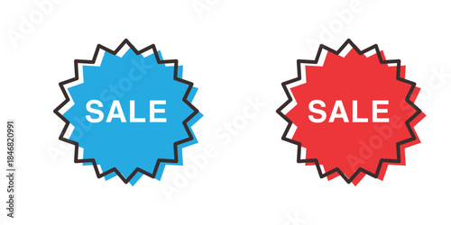 Sale Sticker Starburst Badge Vector Icon Set. Price Label or Special Offer Tag in Modern Blue and Red Flat Outline Design.