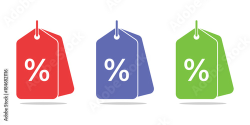 Flat Design Double Discount Tag Vector Icons: Red, Blue, Green Percentage Labels for Sale, Promotion, and E-commerce