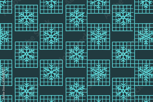 Pattern of snowflakes arranged in a grid on a dark background showing winter theme design elements