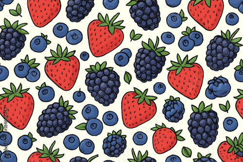 Berry pattern on a light background with strawberries, blueberries, and blackberries placed randomly across the surface