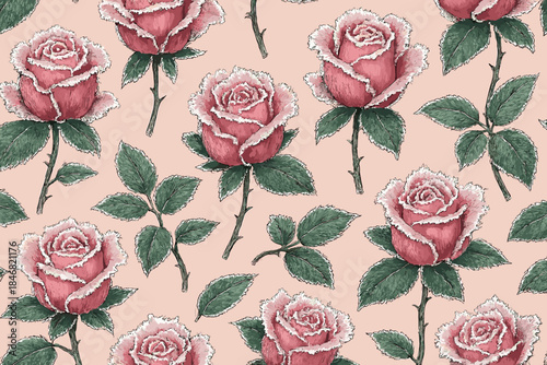 Roses in pink background with green leaves, showcasing floral pattern at a design studio during daytime