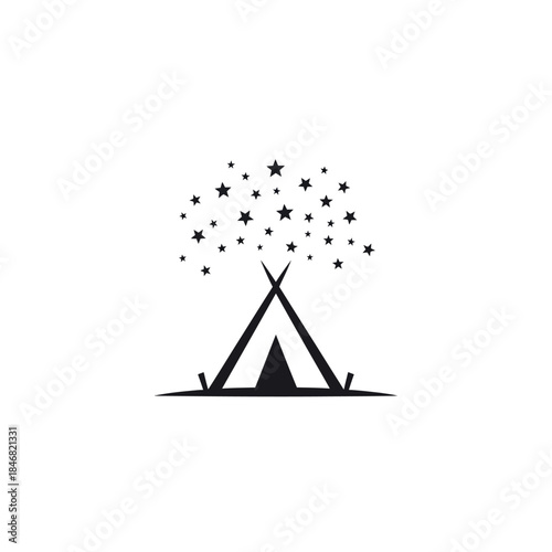 Minimalist black and white camping tent with starry night sky above, perfect for outdoor adventure designs.