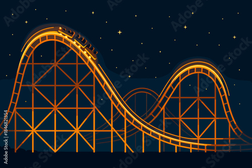 Nighttime roller coaster ride with illuminated tracks and stars in the sky