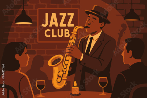 Saxophonist performs at a jazz club during an evening event with audience members seated at a table