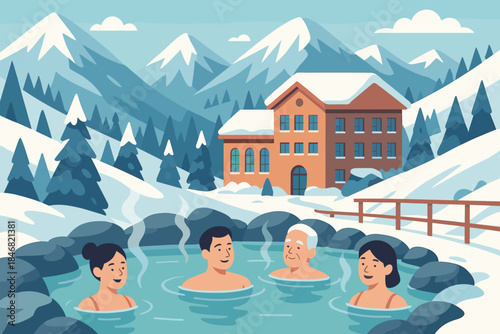 People relax in hot springs near a cabin in a snowy mountain landscape during winter
