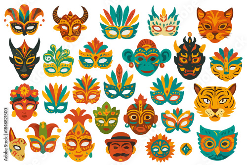 Colorful masks and faces arranged in a creative display for a celebration or festival in a vibrant setting