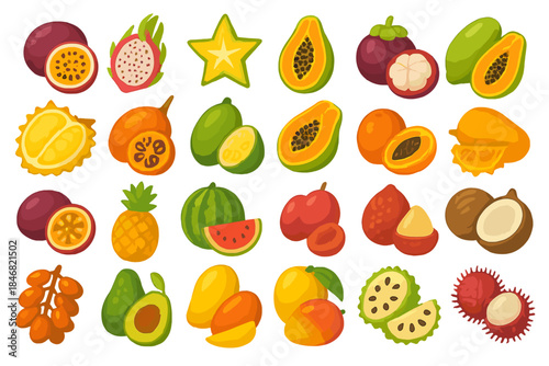 Fruit display with various tropical types on a white background showing different shapes and colors
