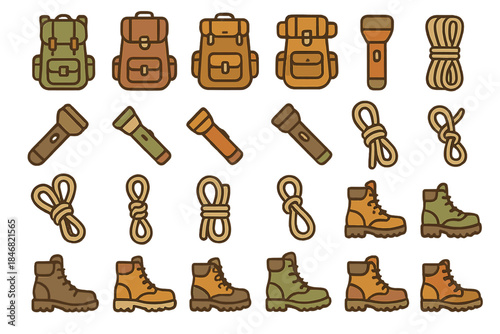 Various hiking and camping gear including backpacks, flashlights, ropes, and boots arranged in a pattern on a plain background