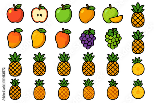 Different types of fruits arranged in rows showcasing apples, oranges, grapes, and pineapples in colorful illustrations