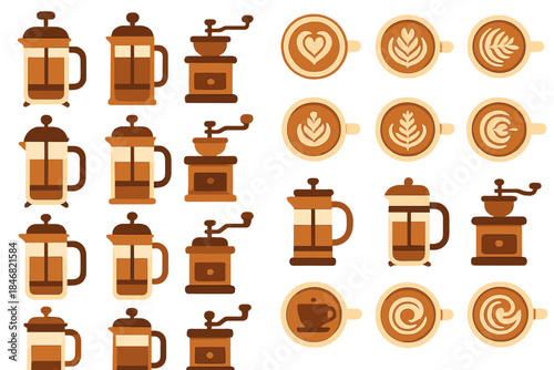 Various coffee brewing tools and latte art from a coffee shop in the morning