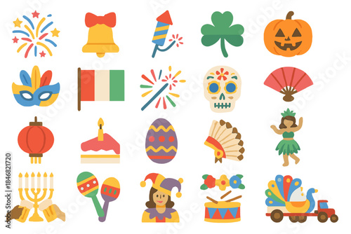Various symbols of celebrations and festivities from different cultures and traditions