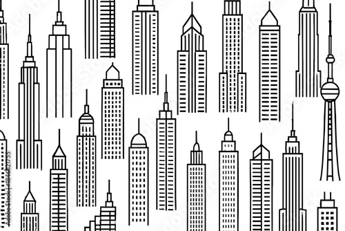 Multiple tall buildings and skyscrapers arranged in a repeated pattern on a white background