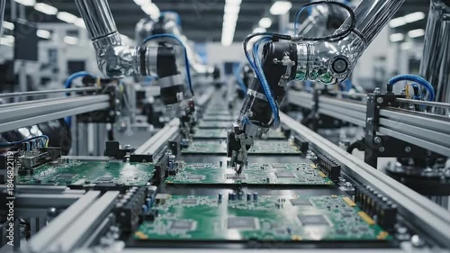 Automated Robotic Arms Assembling Circuit Boards on a Conveyor Belt in a Modern Technology Factory with Bright Industrial Lighting