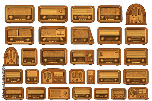Vintage radios displayed in various designs and styles that showcase the history of audio technology from different eras