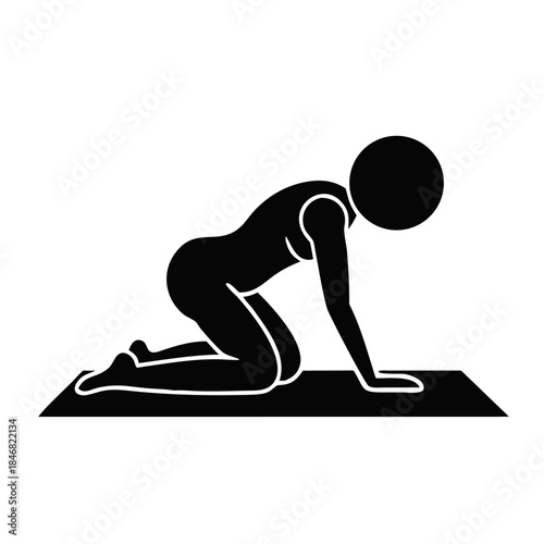 Silhouette of person kneeling on wellness mat with fitness ball, exercise posture .vector icon